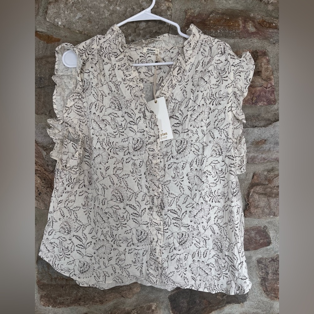 NWT Dylan Cream Off White Linen Blend Ruffle sleeve floral sketch blouse top XXL
